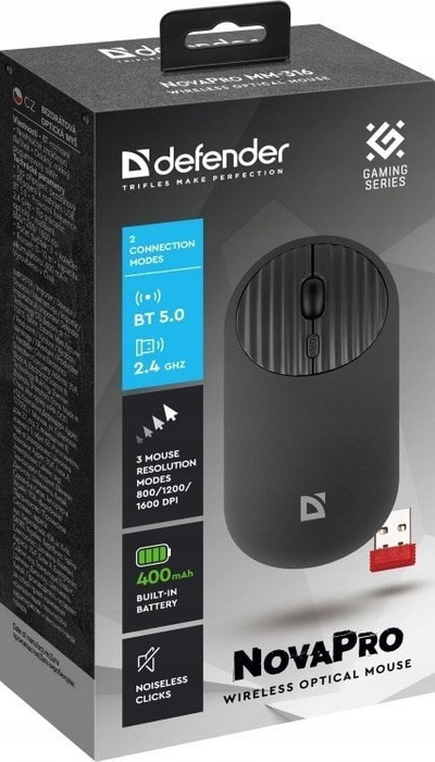 Maus wireless Defender NovaPro MM-316, Bluetooth 5.0 2.4GHz, DPI i rregullueshëm, i zi