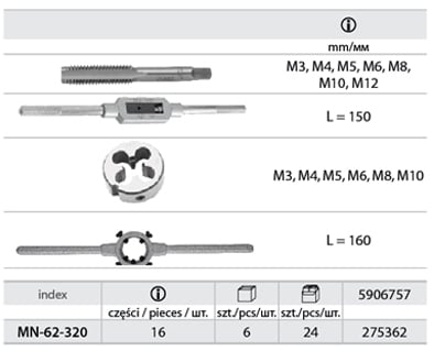 Set çezmash dhe filierash Modeco MN-62-320, 16 copë, M3 deri M12