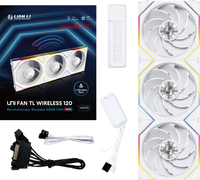 Ventilatorë PC Lian Li UNI TL Wireless Reverse Blade 120mm, ARGB PWM, set 3 copë, të bardhë