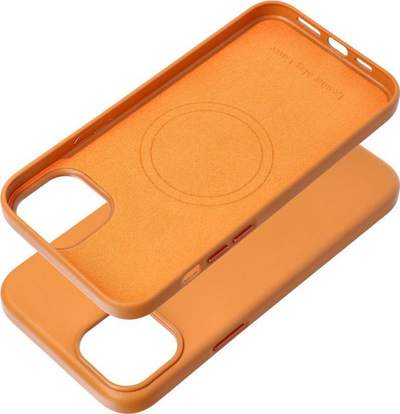 Kllëf telefoni Leather Mag për iPhone 15 Plus, lëkurë silikone, MagSafe, portokalli