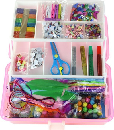 Set arti kreativ Pink Expandable Suitcase, valixhe plastike palosshme, aksesorë DIY për fëmijë, rozë