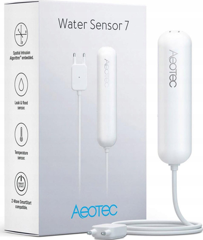 Sensor uji Aeotec Water Sensor 7, Z Wave Plus, me bateri, i bardhë