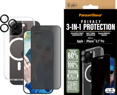 Set mbrojtës PanzerGlass 3 in 1 Privacy, për iPhone 24 6.3" Pro, MagSafe, transparent