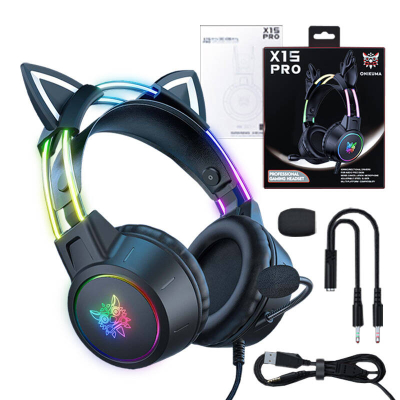 Headset gaming Onikuma X15 Pro, RGB, me veshë mace, i zi