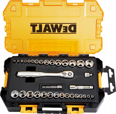 Set çelësash mekanik DeWalt Mechanics Socket Tool Kit, 34 copa, me kuti për ta mbajt, i verdhë