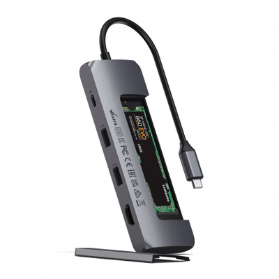 Përshtatës Satechi Aluminium USB-C Hybrid Multiport me kuti për SSD, i hirtë