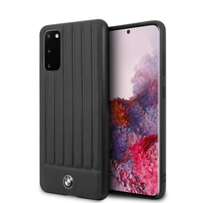 Mbulesë telefoni BMW për Samsung Galaxy S20, lëkurë, përshtatshme për karikim wireless, e zezë