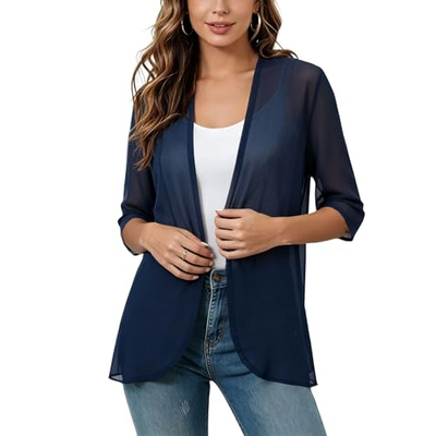 Kardigan veror për gra, mëngë 3/4, i hollë, ngjyrë blu navy, përmasa S
