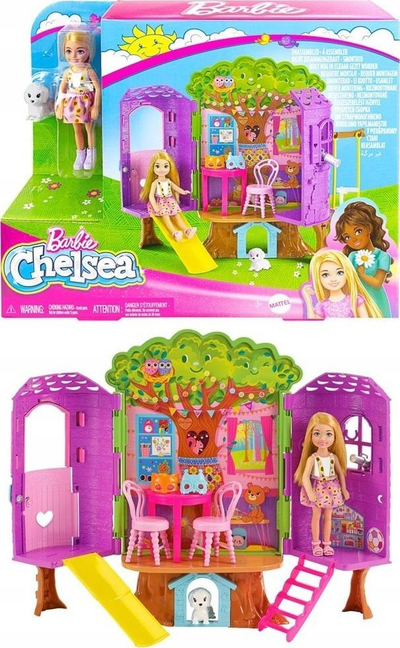 Set lodër Barbie Chelsea Tree House, shpi e vogël në pemë, me kukull dhe qenush, shumëngjyrësh