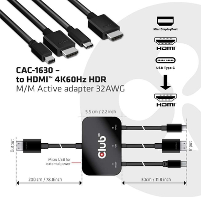 Adapter aktiv Club3D CSV-1560, Mini DisplayPort/HDMI/USB-C në HDMI, 4K 60Hz, i zi