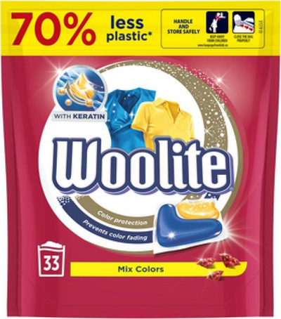 Kapsula larjeje Woolite Mix Colors, 33 copë, për rroba me ngjyra, me keratinë