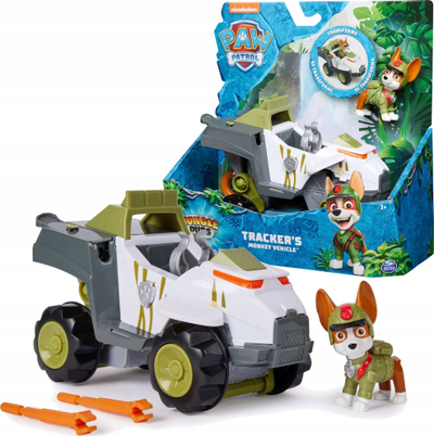 Lodër makinë Paw Patrol Jungle Pups Tracker Monkey Vehicle, me figurinë 5 cm, për kalamaj 3+, e bardhë jeshile