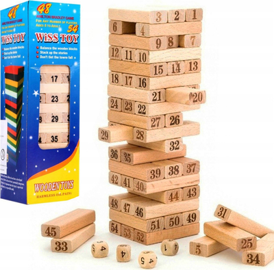 Lojë tavoline Wiss Toy Wooden Tower, 54 kube druri, me zar, me ngjyrë druri