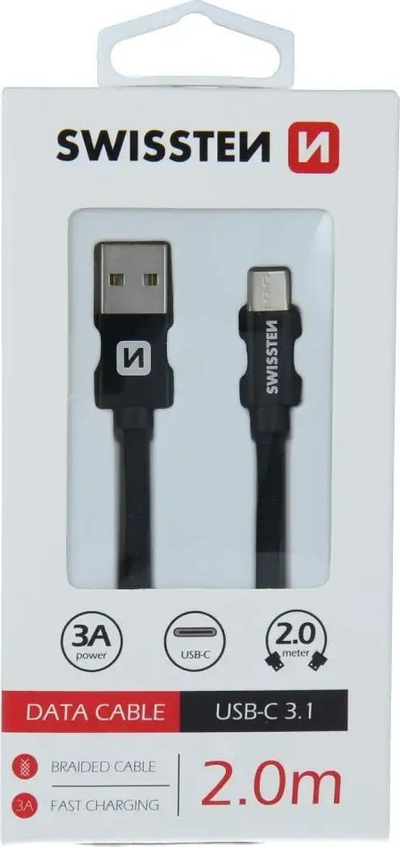 Кабел за податоци Swissten USB A во USB C, 2 m, пренос 3A, црна