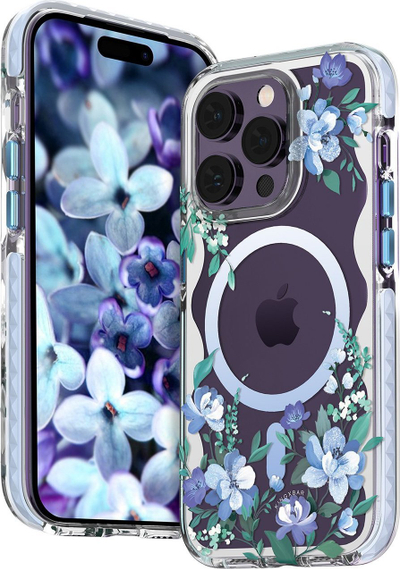 Mbrojtëse telefoni Kingxbar Flora Series për iPhone 14 Plus, MagSafe, transparente me lule orkide