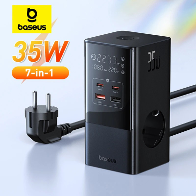 Shirit kontakti Baseus Digital Power Strip, 7‑n‑1, 35W, 4000W, me ekran digjital, i bardhë