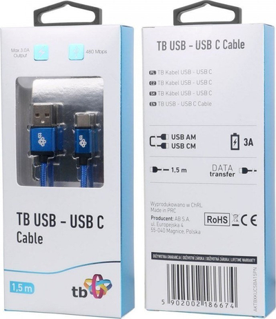 Kabllo USB në USB C TB, 1.5m, 3A, blu