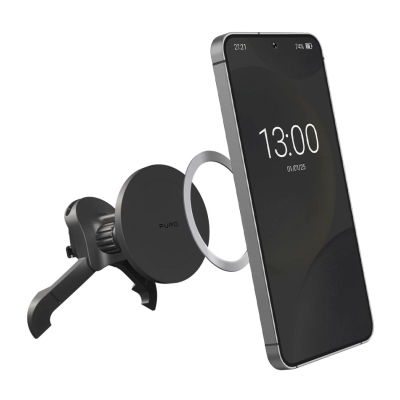Магнетен држач за телефон за во автомобил Puro PUSH12MAGBLK, за решетки за воздух, компатибилен со MagSafe, црн