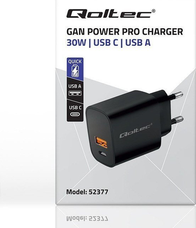 Karikues muri Qoltec GaN Power Pro, 30W, 1x USB C 1x USB, i zi