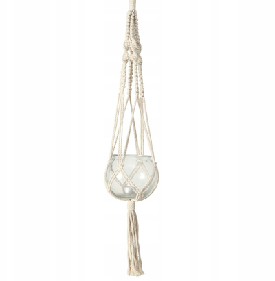 Vazo qelqi varëse Boltze Home, me macrame pambuku, 83 x 12 cm, bezhë