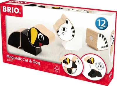 Lojë druri me magnet Brio Magnetic Cat and Dog, 6 pjesë, për kalama 12m+