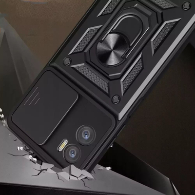 Kapak telefoni Tech-Protect Camshield Pro për Motorola Moto E22 / E22i, me unazë mbajtëse 360°, me slajder për me mbrojt kamerën, ngjyrë e zezë