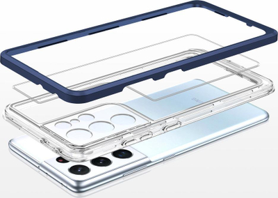 Mbulesë telefoni 3n1 për Samsung Galaxy S21 Ultra 5G, transparente me kornizë blu