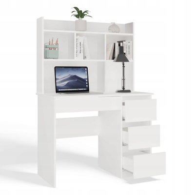 Tavolinë pune White Desk, 98 x 51 cm, 4 sirtarë, me raft, e bardhë