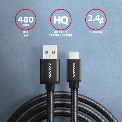 Kabllo AXAGON USB-A - micro USB2.0 HQ, 2.4A, 1m, e zezë