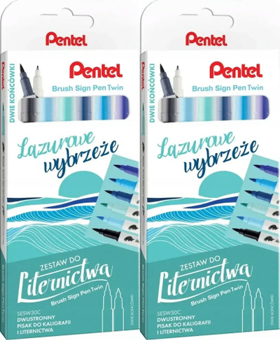 Set brush stilolapsa kaligrafikë Pentel Brush Sign Pen Twin French Riviera, 2 maja, 6 copë, shumëngjyrëshe