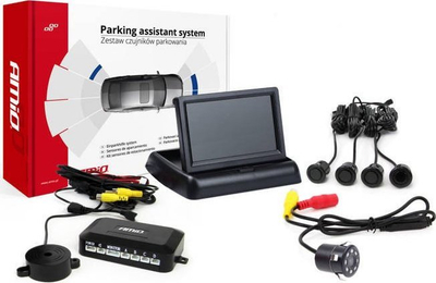 Set sensorësh parkimi AMiO TFT02, ekran 4.3", kamerë HD-307-IR, 4 sensorë të zinj, i artë