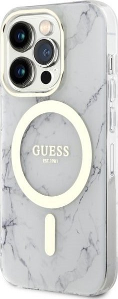 Mbështjellës telefoni Guess GUHMP14LPCUMAH Marble MagSafe, për iPhone 14 Pro 6.1", motiv mermeri, i bardhë