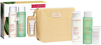 Set Clarins My Cleansing Essentials, qumësht pastrues 200 ml + tonik për fytyrë 200 ml + eksfoliues për fytyrë 15 ml + çantë kozmetike