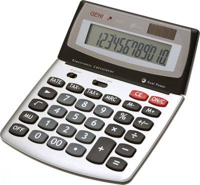 Kalkulator tavoline Genie 560 T, ekran me 12 shifra, me energji dielli edhe bateri, i zi me argjend