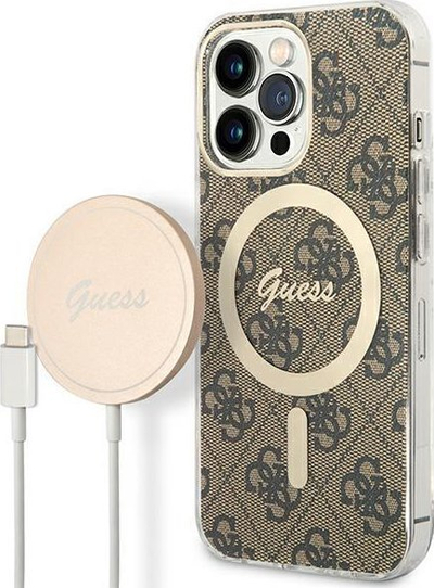 Сет аксесоари Guess GUBPP1, заштитна маска MagSafe за iPhone 13 Pro Max, безжичен полнач, златна боја