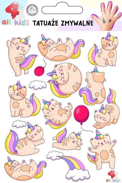 Tatuazhe të përkohshme për fëmijë Dodo Unicorn Cats, të lareshme, shumëngjyrëshe