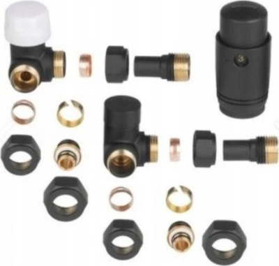 Set termostatik për radiator Invena Black Axial, këndor, për tuba PEX dhe bakri, i zi