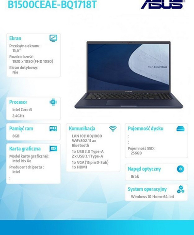 Laptop Asus ExpertBook B1 B1500,15.6", Full HD, Core i5 - 1135G7, 8 GB RAM, SSD 24 GB, i kaltër i errët