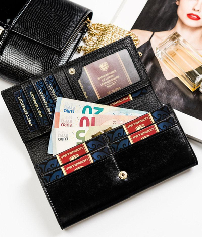 Portofol grash Peterson, lëkurë natyrale, RFID, i zi me të kuqe