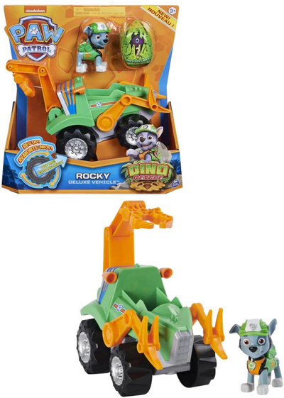 Lodër makinë Paw Patrol Rocky Dino Rescue, me figurinë brenda, jeshile me portokalli