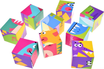 Puzzle kuba me dinosaurë, 9 blloqe, 6 figura, me ngjyra