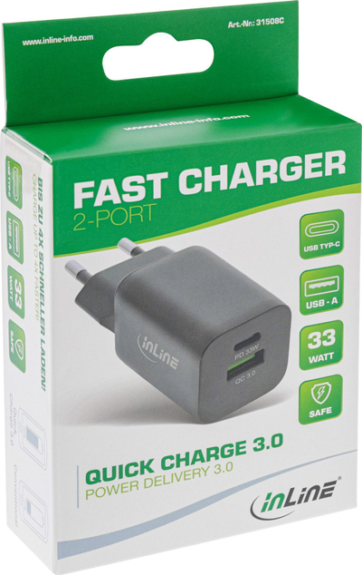 Karikues muri InLine Fast Charger, 33W, USB A dhe USB C PD QC 3.0, i zi