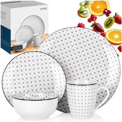Set tavoline Lumarko porcelani 16 pjesësh, për 4 persona, i bardhë me vija të zeza