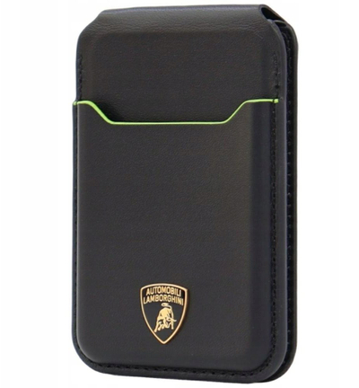 Portofol telefoni Lamborghini D1, lëkurë natyrale, MagSafe, i zi me jeshile