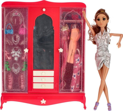 Set lodre me kukull MEGA CREATIVE 31 cm, dollap me rroba, gjerat e modes, i kuq