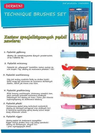 Set furçash pikture Derwent Techniques, 6 copë, shumëngjyrëshe