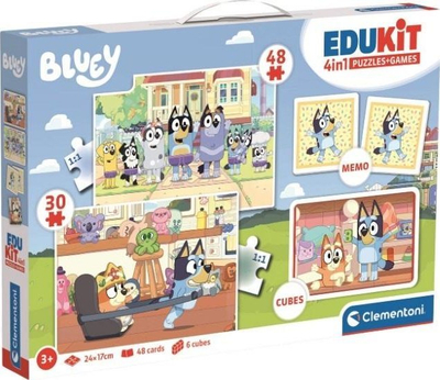 Едукативна игра Clementoni Edukit 4 in 1 Bluey, сложувалка 30 и 48 делови, 6 коцки, многуобоен
