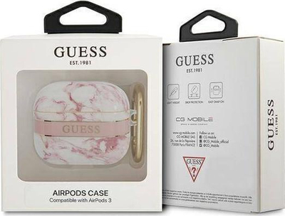 Futrollë mbrojtëse Guess Marble Strap Collection për AirPods 3, me unazë varëse, rozë