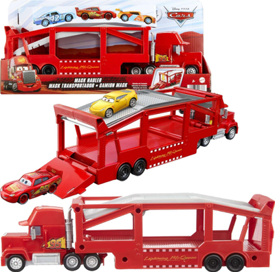 Lodër kamion Disney Pixar Cars Mack Hauler, 33 cm, transportues për 12 makina, i kuq