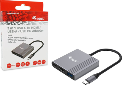 Адаптер USB-C Equip 3 во 1, HDMI, USB-A, Power Delivery, сив